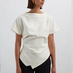 Róhe Draped Lapel Top Ivory Wool Short Sleeve Crepe Blouse Women's 44/14 NWT
